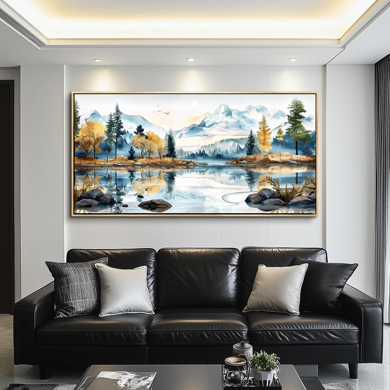 ERQINHUA Large Canvas Wood Framed Abstract Wall Art Living Room Wall Decor for Bedroom Office Decoration Watercolour Paint Tree Lakeside Landscapes Picture Artwork Home Decor Ready to Hang 30x60 In