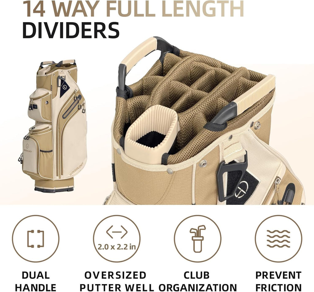 Max Lightweight Golf Cart Bag with Dual Handles and 14 Way Individual Full Length Dividers, Golf Club Bag with 11 Pockets, Large Putter Well, Double Strap Cooler for Men & Women