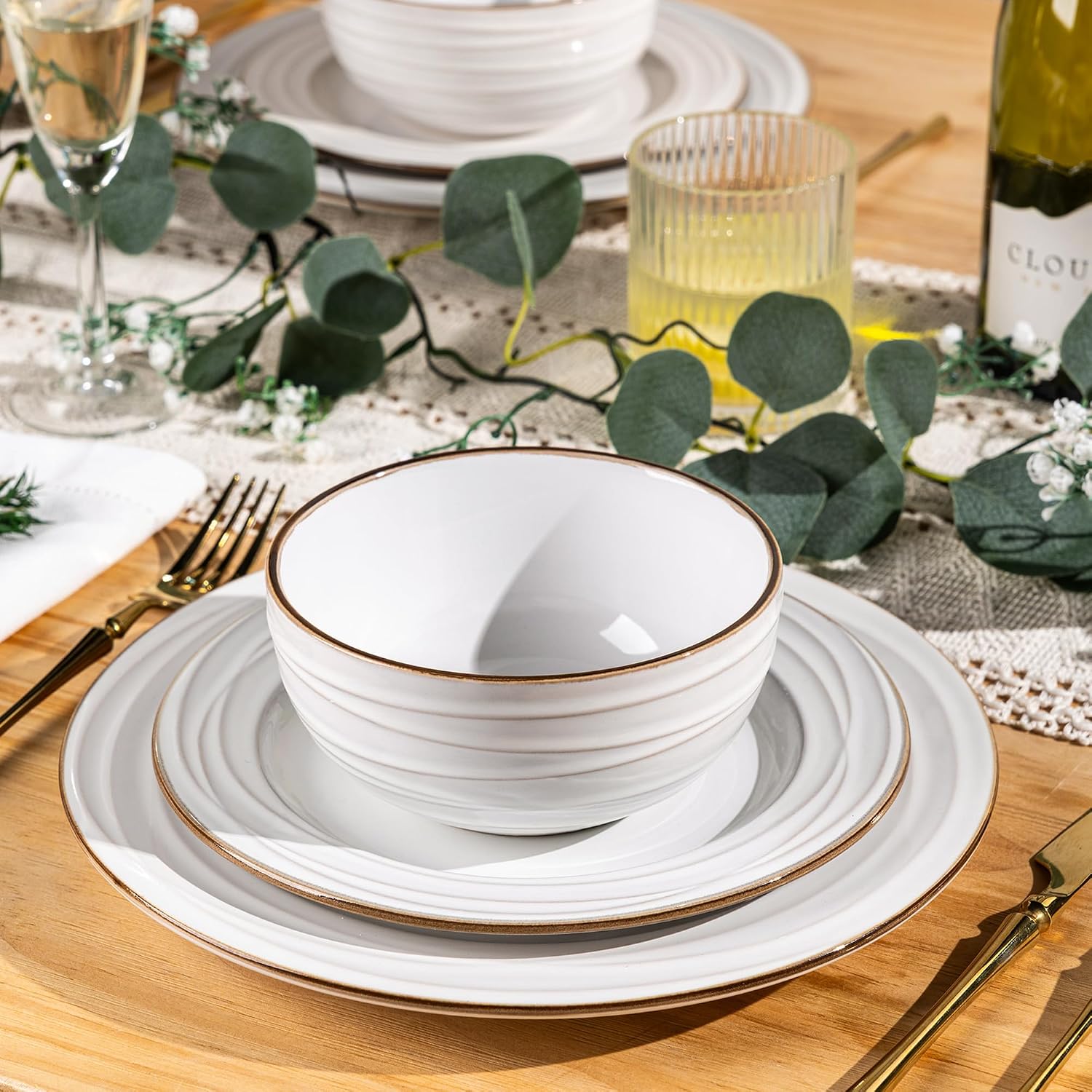GBHOME Ceramic Dinnerware Sets, 24 pcs Embossed Elegant Stoneware Plates and Bowls Sets, Housewarming Wedding Gift | Dishwasher & Microwave Safe | Dishes Set Service for 8