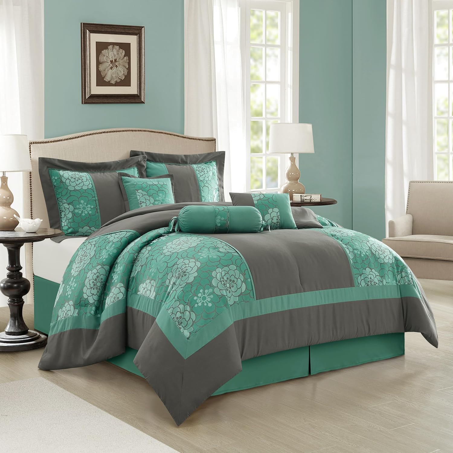 Grand Avenue Aqua Grey Comforter Set Queen Size, 7 Piece Jacquard Soft Bedding Set, All Season, Bedskirt, Pillows & Shams