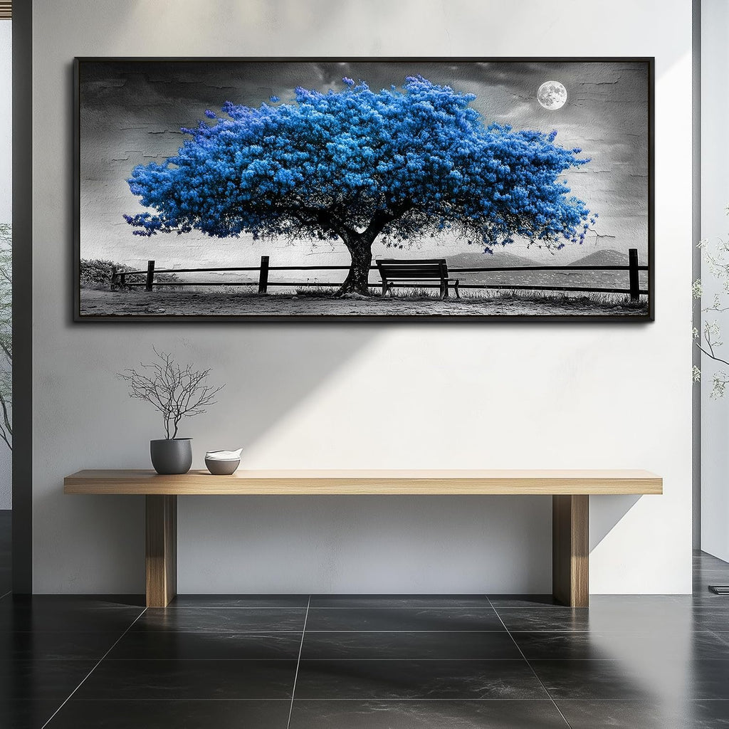 FUHAIHUA Canvas Wall Art For Living Room Large Wall Decor For Office Bedroom Decorations Black And White Landscape Pictures Blue Tree Painting Artwork Room Wall Mural Aesthetic Home Decor 32x72 In