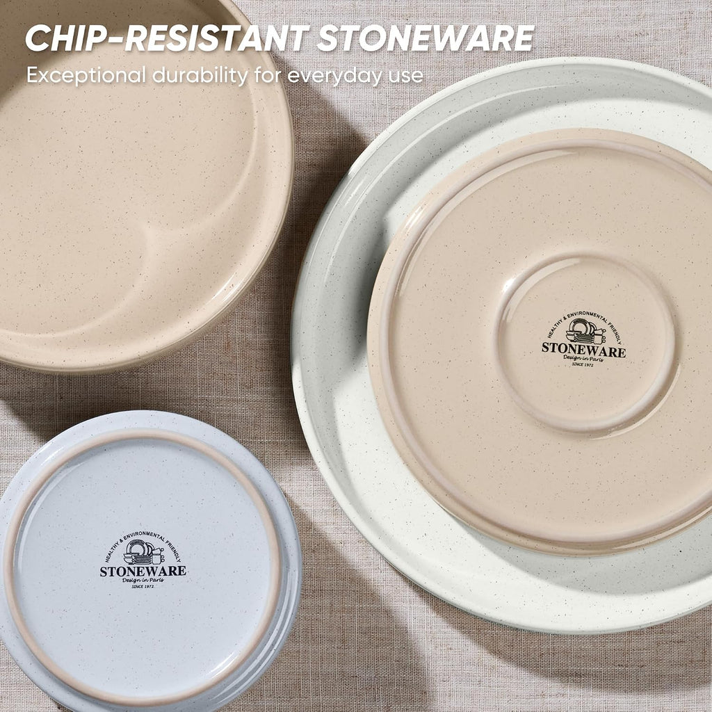 E-far Dinnerware Sets with Pasta Bowls, 24-Piece Stoneware Plates and Bowls Sets for 6 | Microwave & Dishwasher Safe Kitchen Modern Dish Set, Speckled Multicolor