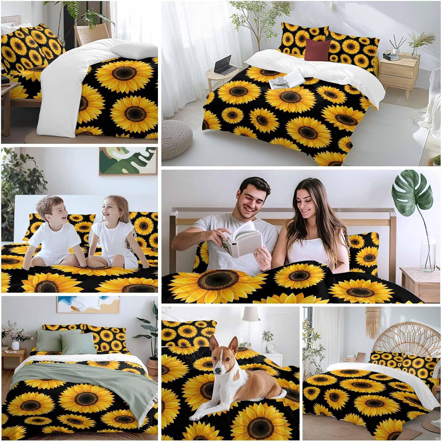 Yellow Sunflowers Duvet Cover Set Queen Size 4 Pieces Black Background Abstract Vintage Floral Bedding Set with Zipper Closure, 1 Comforter Cover 92x106 Inches 1 Flat Sheet & 2 Pillow Cases