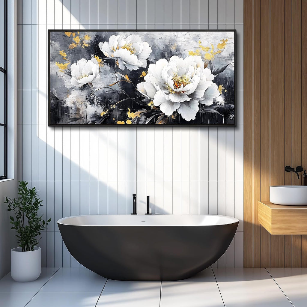 PHAOHUAXM Large Canvas Black Framed Wall Art Decor For Living Room Bedroom Abstract Painting Ink-Wash White Flowers With Home Dining Room Decorations Prints Posters Modern Room Home Decor 24'X48'