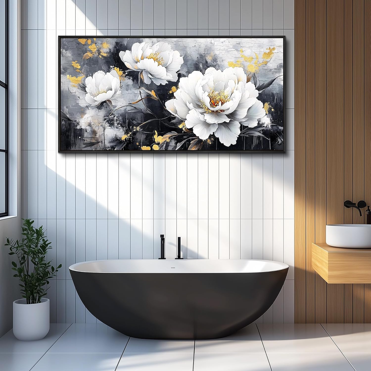 PHAOHUAXM Large Canvas Black Framed Wall Art Decor For Living Room Bedroom Abstract Painting Ink-Wash White Flowers With Home Dining Room Decorations Prints Posters Modern Room Home Decor 24'X48'