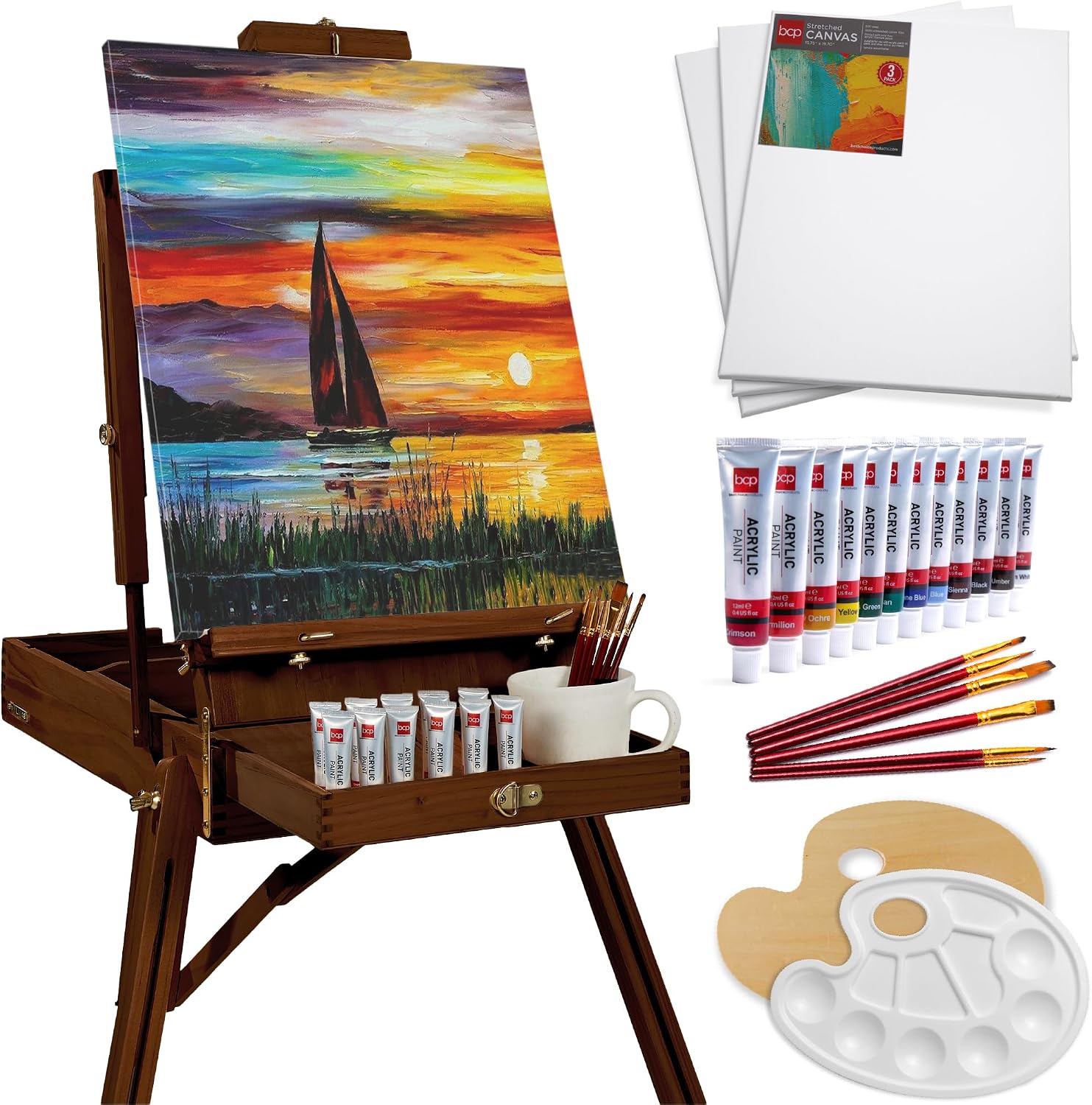 Best Choice Products Art Easel for Painting, Portable Wooden Adjustable Artist Tripod with Sketch Box, 32-Piece Art Set with Acrylic Paints, Brushes, Canvases & Palette - Walnut