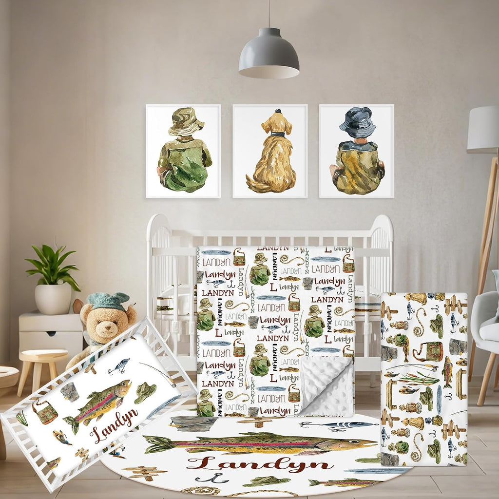 Terwex Personalized Baby Crib Set, 5 Pcs Baby Boy Crib Bedding Set, Custom Name Fishing Baby Crib Bedding Set Neutral, Double Layer Flannel Nursery Bedding Set, Newborn Infant Toddler Customized Gift