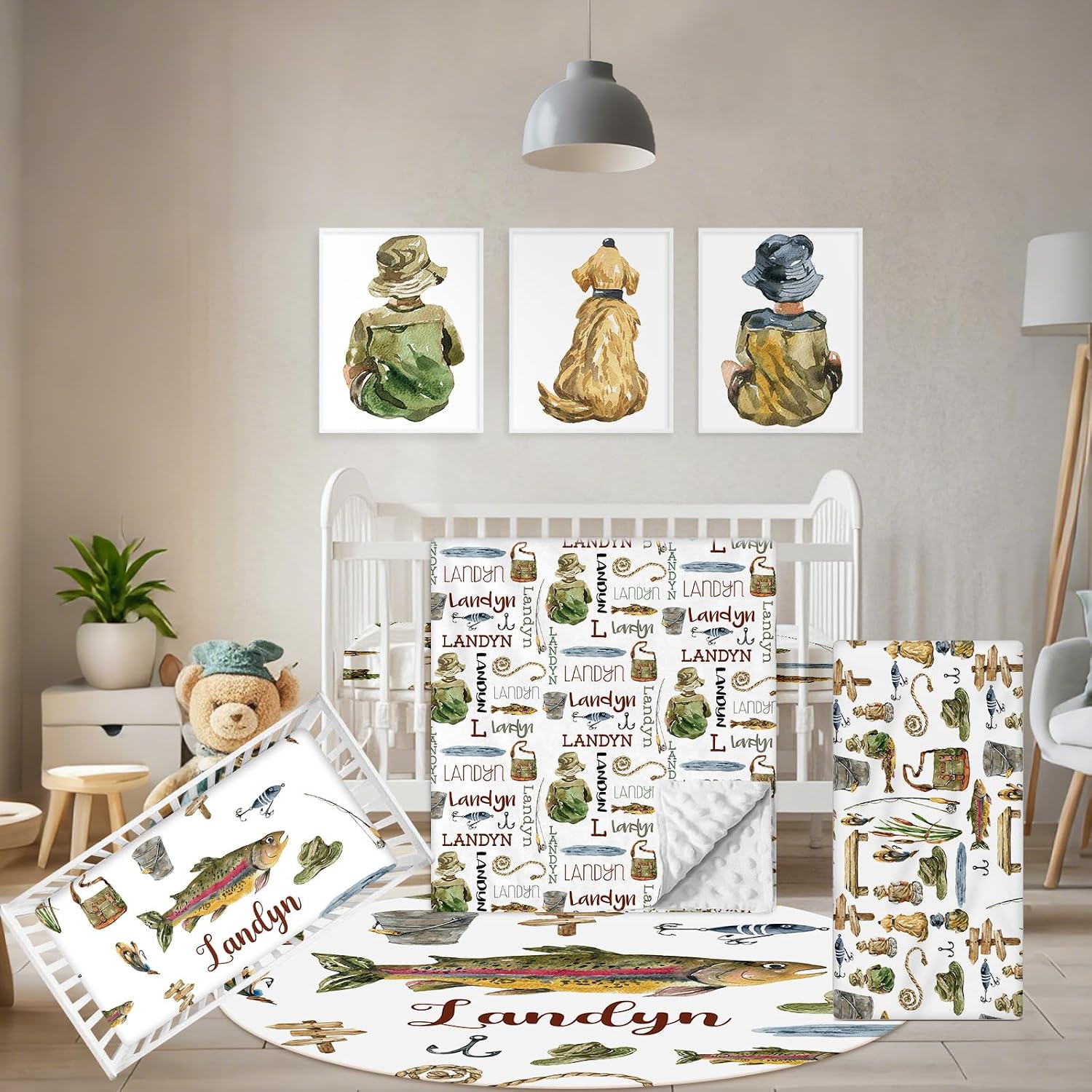 Terwex Personalized Baby Crib Set, 5 Pcs Baby Boy Crib Bedding Set, Custom Name Fishing Baby Crib Bedding Set Neutral, Double Layer Flannel Nursery Bedding Set, Newborn Infant Toddler Customized Gift