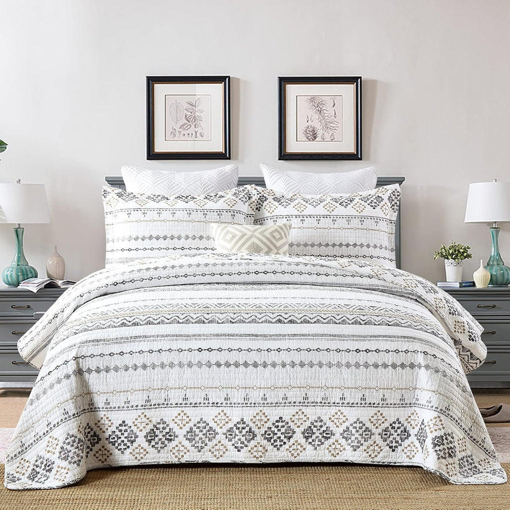 SahSahCasa Quilt King Size, Set, 100% Cotton Boho Quilt, Bedding Set Bedspreads, Bohemian Reversible Lightweight Striped Quilts Bedspread for All Season, White/Grey, 3 Pieces