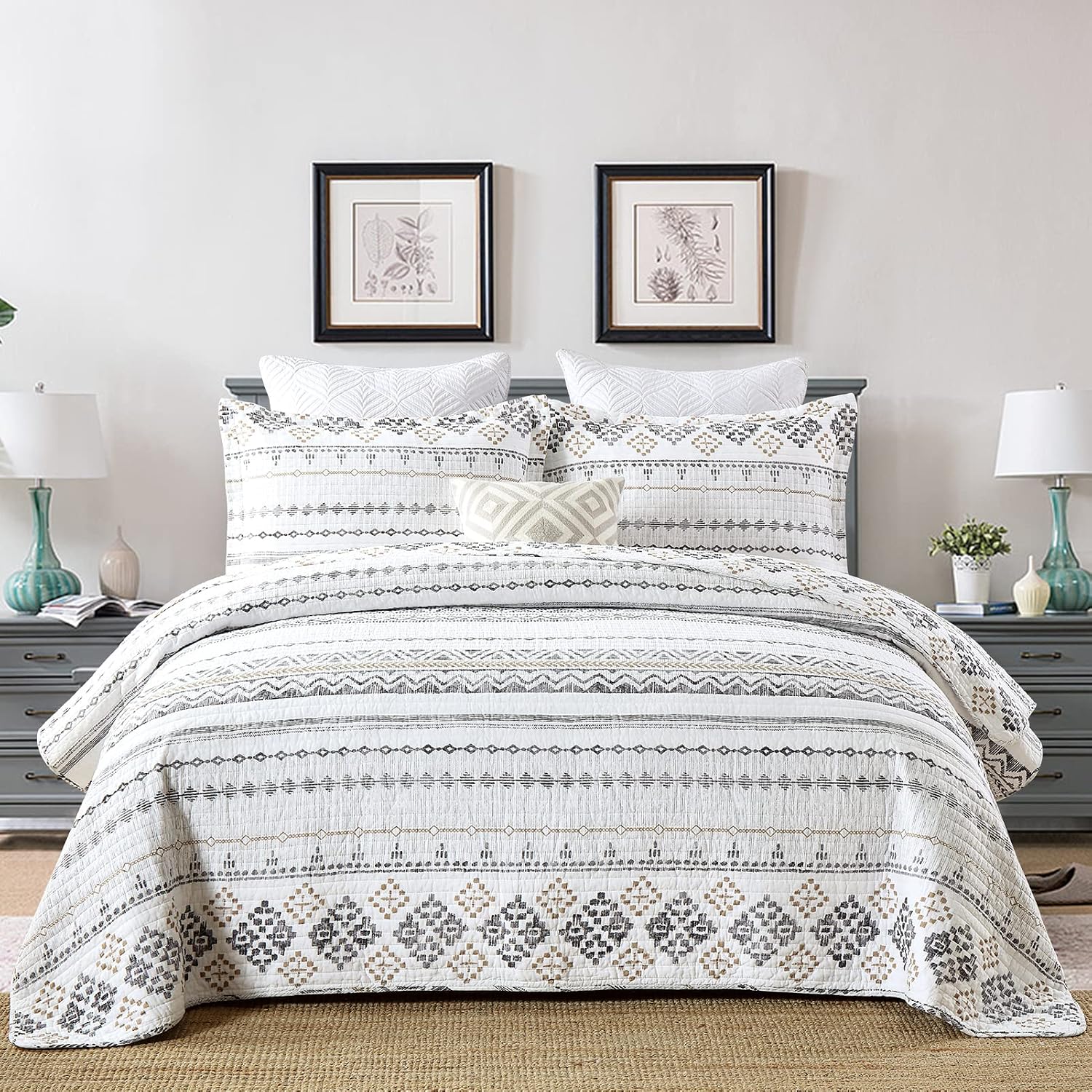 SahSahCasa Quilt King Size, Set, 100% Cotton Boho Quilt, Bedding Set Bedspreads, Bohemian Reversible Lightweight Striped Quilts Bedspread for All Season, White/Grey, 3 Pieces