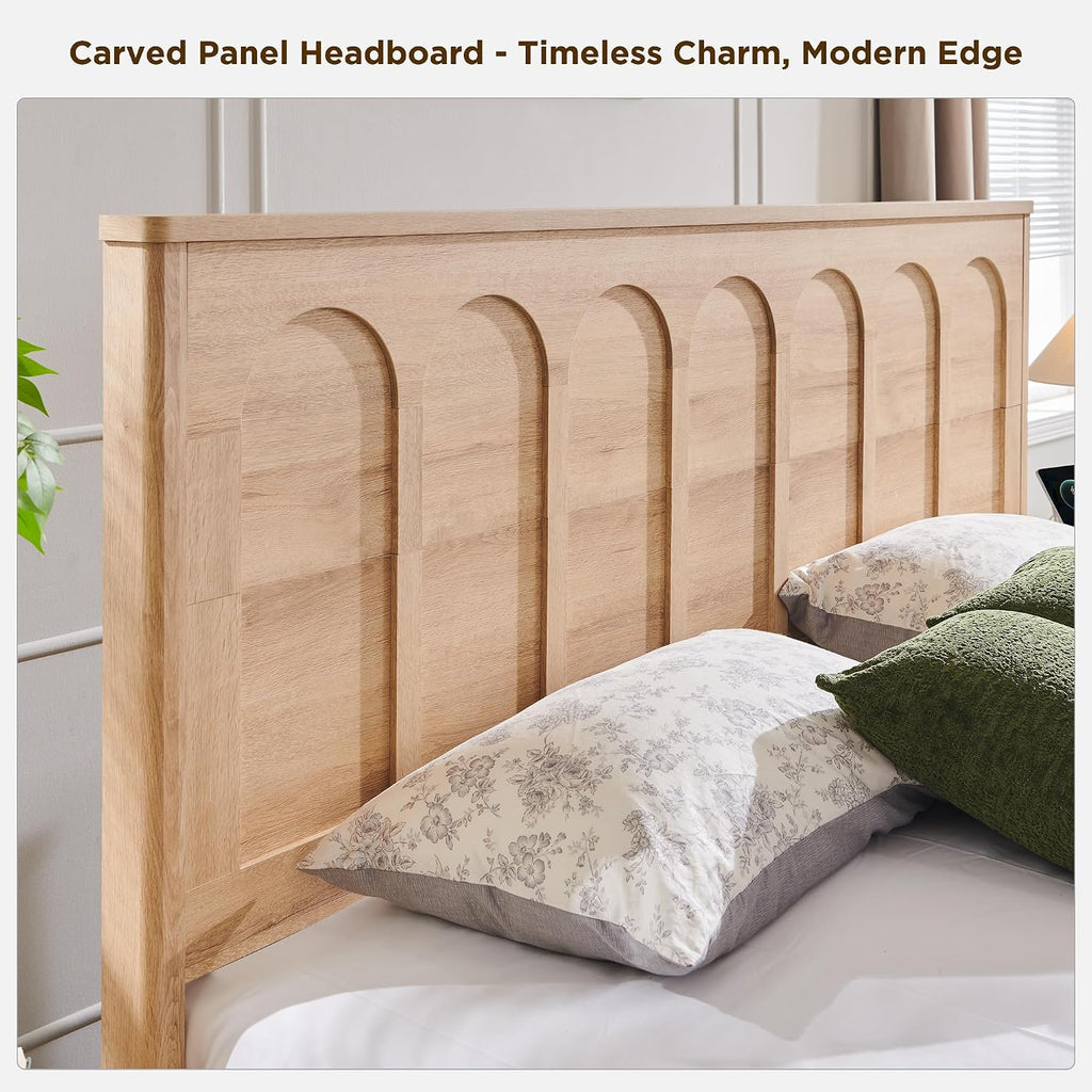 ACCOHOHO Modern King Size Bed Frame with 4 Drawers, 51' Tall Arched Recessed Headboard, Solid Wood Slats Support, Noise Free, No Box Spring Needed, Wood Platform, Natural Oak