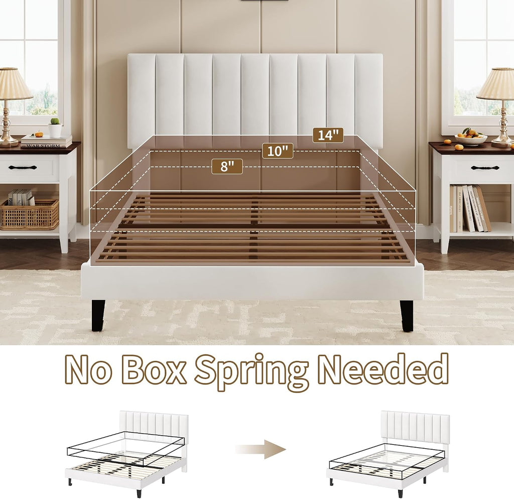 IDEALHOUSE White Bed Frame Full Size, Velvet Upholstered Platform Bed Frame with Adjustable Headboard (39.4–43.3'), Fits 8–12' Mattress, Noise-Free, No Box Spring Needed, Easy Assembly