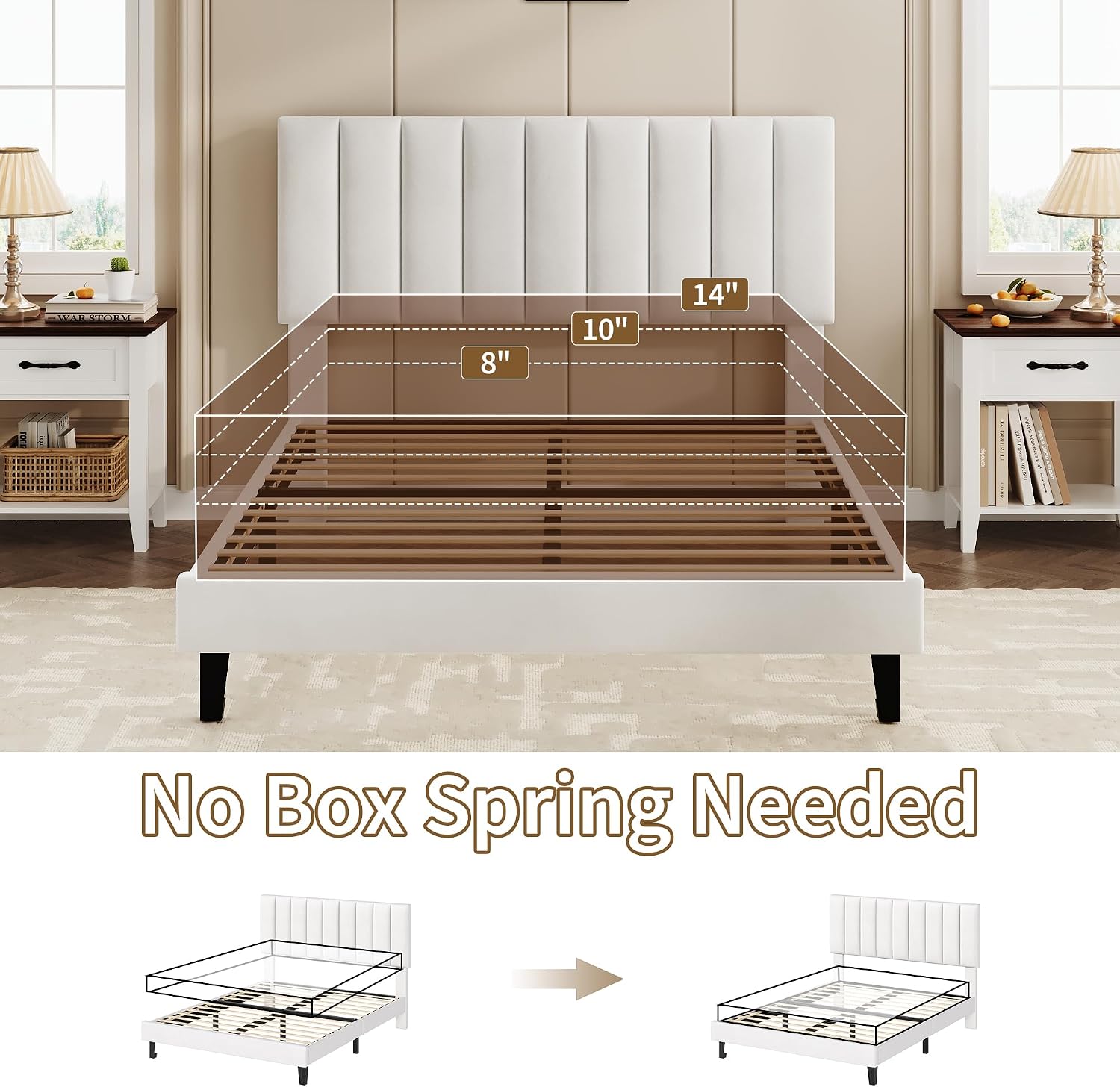 IDEALHOUSE White Bed Frame Full Size, Velvet Upholstered Platform Bed Frame with Adjustable Headboard (39.4–43.3'), Fits 8–12' Mattress, Noise-Free, No Box Spring Needed, Easy Assembly