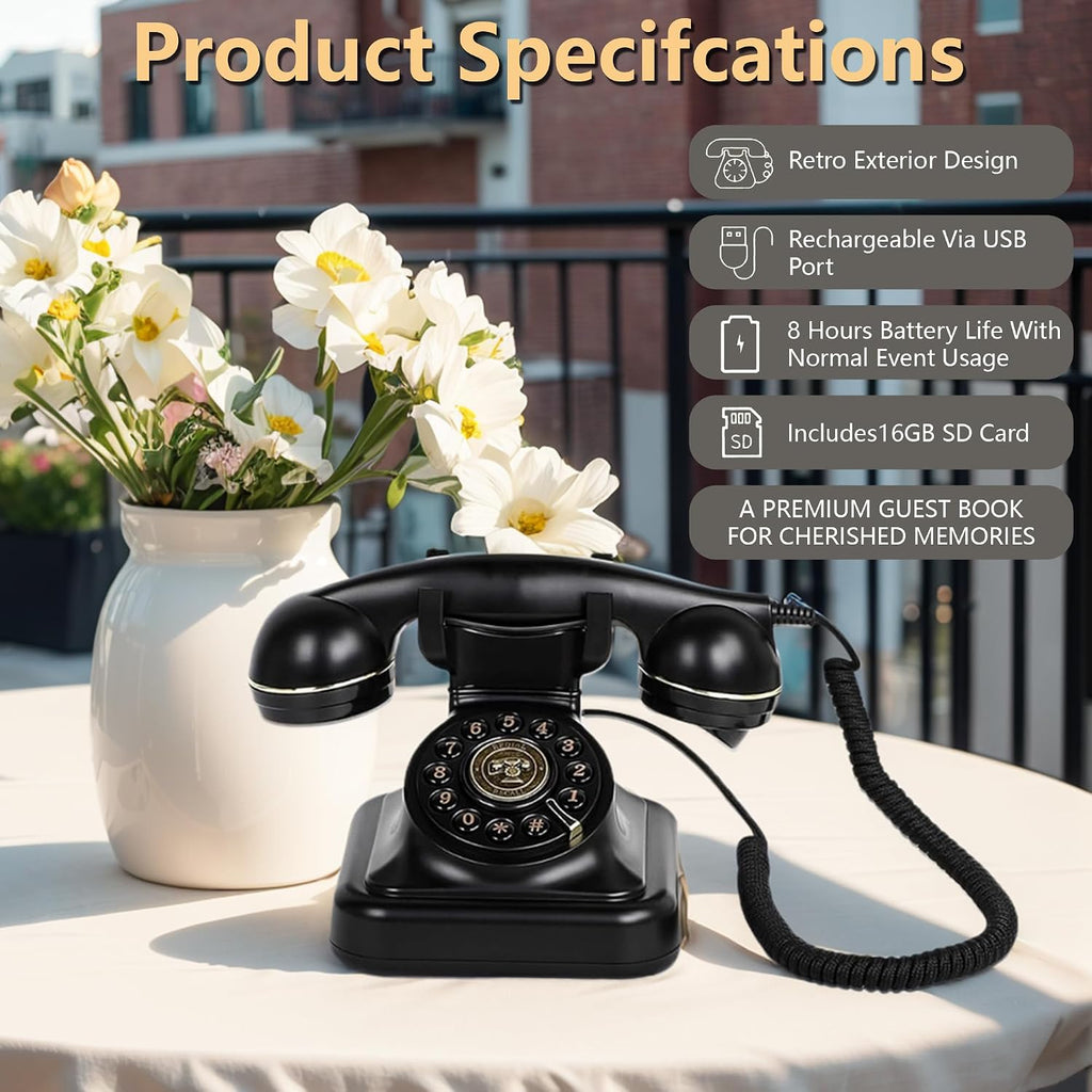 Audio Guest Book Wedding Phone: Record Customized Audio Messages with Voicemail, Vintage Phone Message Book, Wedding Guest Book for Wedding, Party, Confession (Black)
