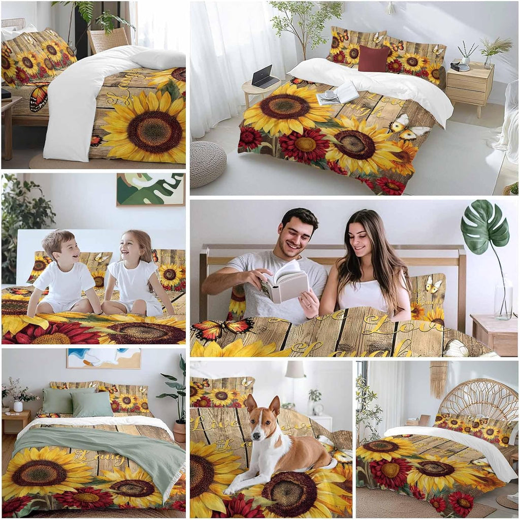 Flowers Duvet Cover Set Queen Size 4 Pieces Watercolor Yellow Sunflower Red Chrysanthemum Floral Wood Grain Bedding Set with Zipper Closure,1 Comforter Cover 86x86 Inches 1 Flat Sheet & 2 Pillow Cases