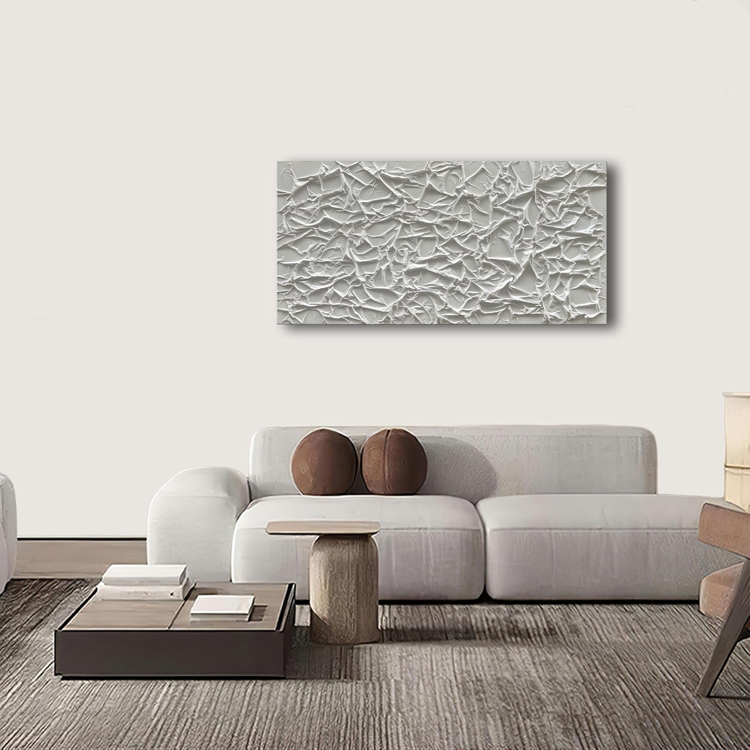 NANKAI Art Hand Painted Thick Texture White Minimalist Oil Painting, 24x48 inch, Abstract, Office Wall Decor