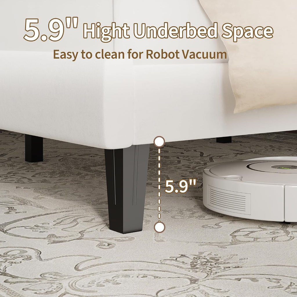 IDEALHOUSE King Size Bed Frame, Velvet Upholstered Platform Bed with Adjustable Vertical Channel Tufted Headboard, No Box Spring Needed, Easy Assembly, White
