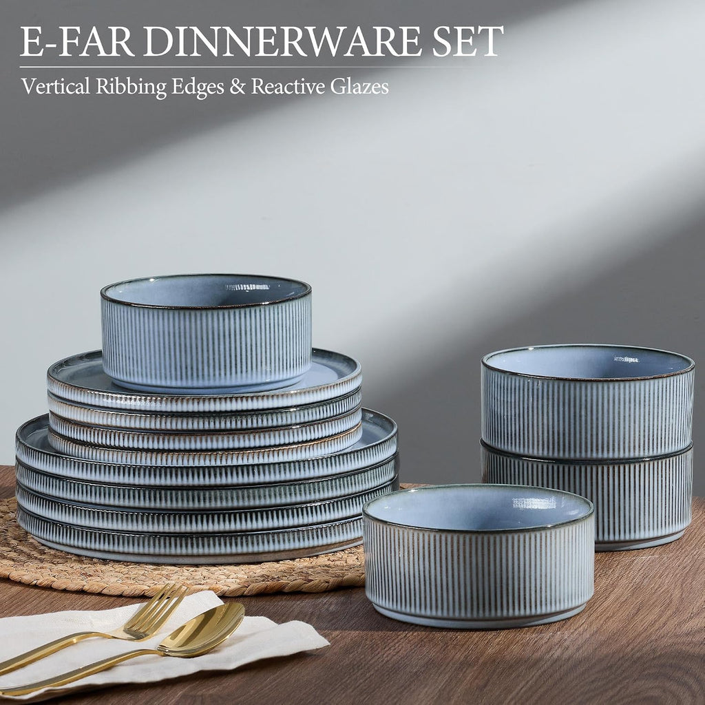 E-far 24-Piece Stoneware Dinnerware Sets, Plates and Bowls Sets for 8, Kitchen Modern Dinning Porcelain Dishes Set, Chip & Scratch Resistant, Dishwasher & Microwave Safe, Dusty Blue