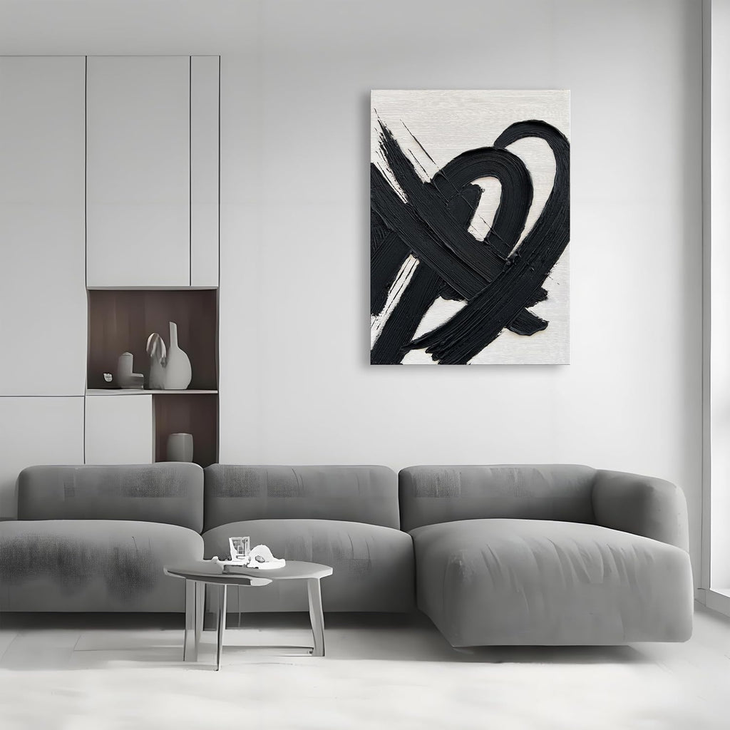 NANKAI Art Hand-Painted Black and White Textured Abstract Oil Painting Modern Minimalist Decorative Art Office Corridor Living Room Wall Decoration Size: 40x28 inches