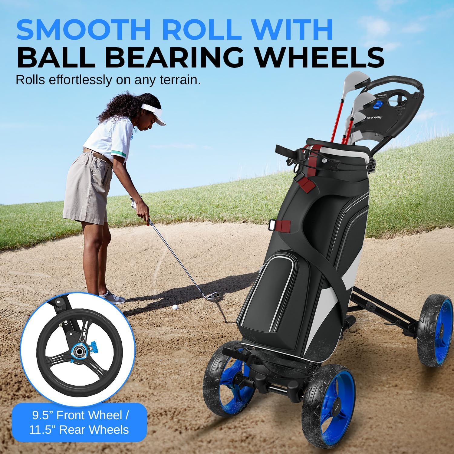 SereneLife Golf Cart Lightweight Foldable Golf Push Cart - Aluminum Folding Trolley with Adjustable Handle, Elastic Bag Straps, Dual Brakes, Scorecard & Cup Holders for Easy Maneuverability
