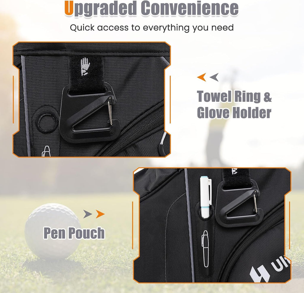 ULTIMATE 14-Way Golf Cart Bag, Golf Bag w/Molded Lock Top & Full Length Dividers, Portable Golf Club Bag w/11 Pockets, Cooler Bag, Padded Strap & Rain Hood for Men Women