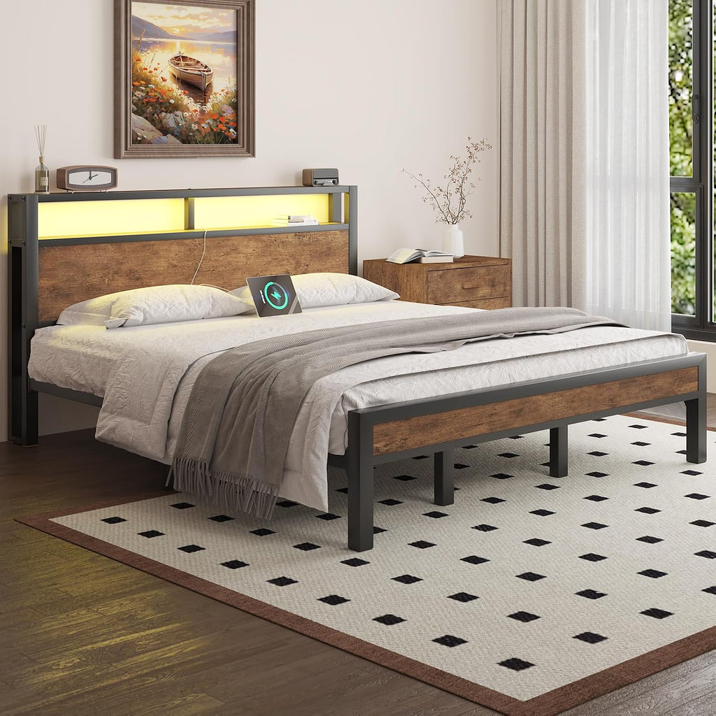 LOEWAY King Size Platform Bed with 2-Tier Storage Headboard, Metal Bed Frame with Charging Station & LED Light, Heavy Duty Metal Slats, No Box Spring Need, Noise Free, Rustic Brown