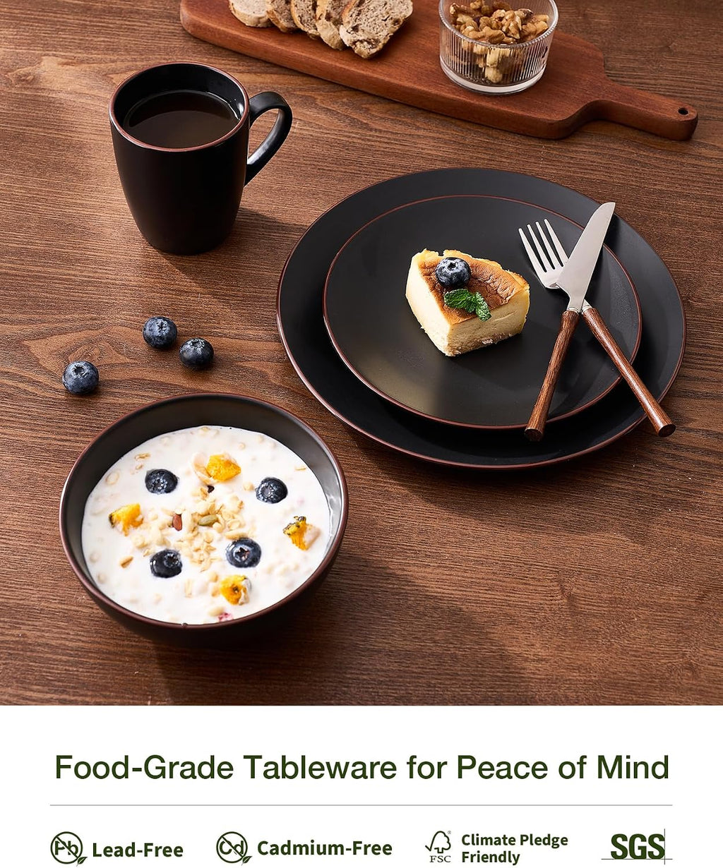 Famiware Venus 16-Piece Stoneware Dinnerware Sets with Mugs, Plates, Bowls, Service for 4, Matte Black - Modern Ceramic Chip‑Resistant Dishes for Everyday & Formal Use, Microwave & Dishwasher Safe