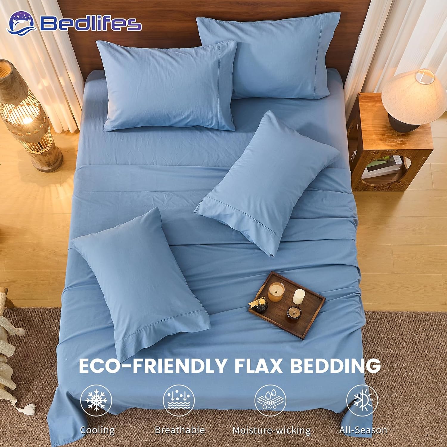 Bedlifes 100% French Pure Linen Sheets Queen Size Breathable and Cooling Flax Sheet Set Soft Durable and Moisture Wicking 16 Inch Deep Pocket-4 Piece(Queen,Flint Blue)