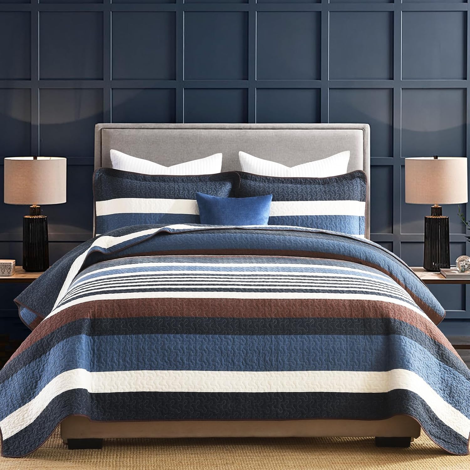 Quilts King Size - Blue Quilt Set with Matching Shams, Modern Striped Design Bedding Bedspread, 3 Pieces 100% Cotton Lightweight Coverlet Home Decor for All Season, Brown/Cream