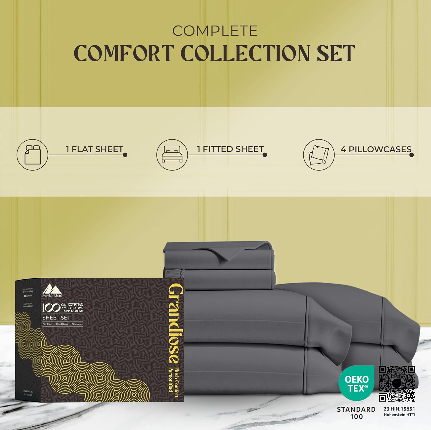 Mayfair Linen 100% Pure Egyptian Cotton Sheet King Size - Luxury 1000 Series Grandiose Collection King Size Sheets Set (6 PC, Dark Grey), 16' Deep Pocket Sateen Weave Soft Cooling Hotel Bed Sheets Set