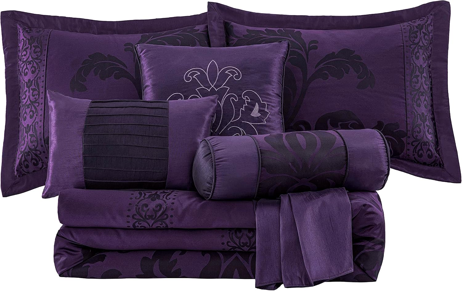 Chezmoi Collection Royale 7-Piece Jacquard Floral Comforter Set, Oversized Queen, Purple/Dark Purple