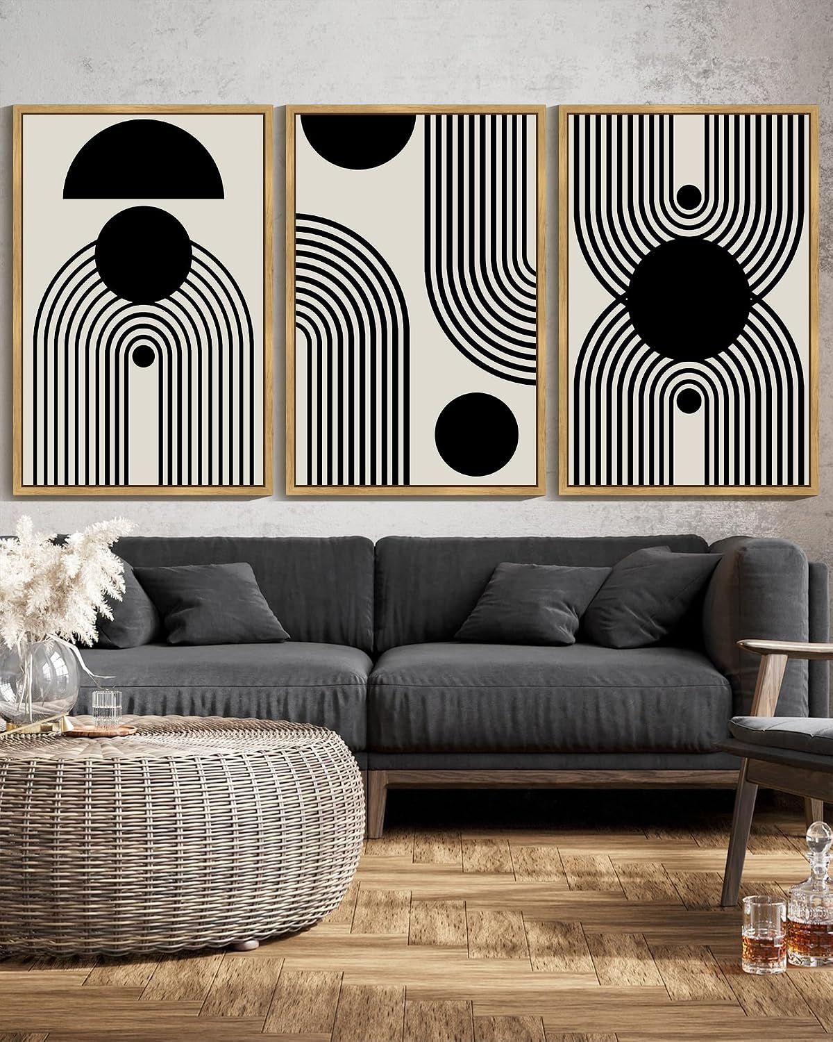 Drsoum Large 24x36in Black and White Abstract Framed Wall Art Decor Duotone Minimal Dark Brush Stroke Prints Shapes Illustrations Modern Art Decorative Ready To Hang - Natural Framed