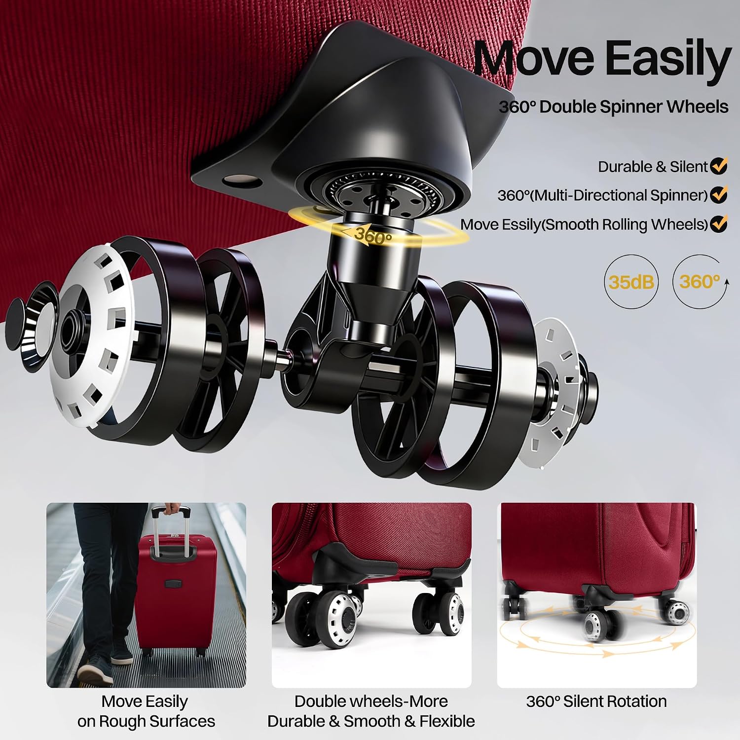 3-Piece Softside Expandable Luggage Set with Front Open Pocket,Lightweight Durable Suitcase Sets Double Spinner Wheels & w/LOCK（Burgundy-Grey,20in/24in/28in）