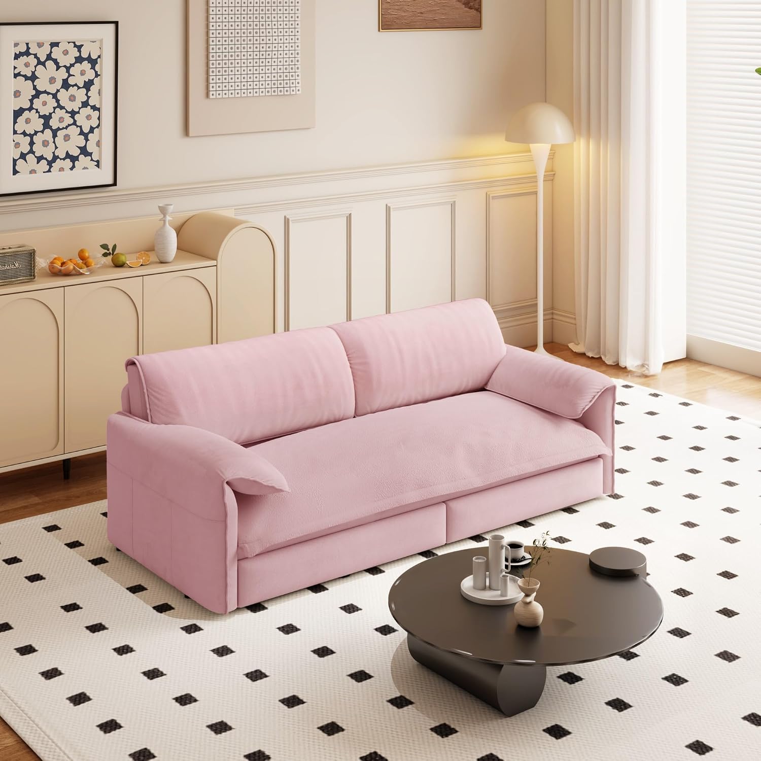 WILLIAMSPACE 66' Queen Pull Out Sofa Bed, 3-in-1 Velvet Convertible Sleeper Sofa Couch with Side Storage, Multi-Functional Loveseat Bed Pull Out Couch for Living Room, Apartment (Pink)