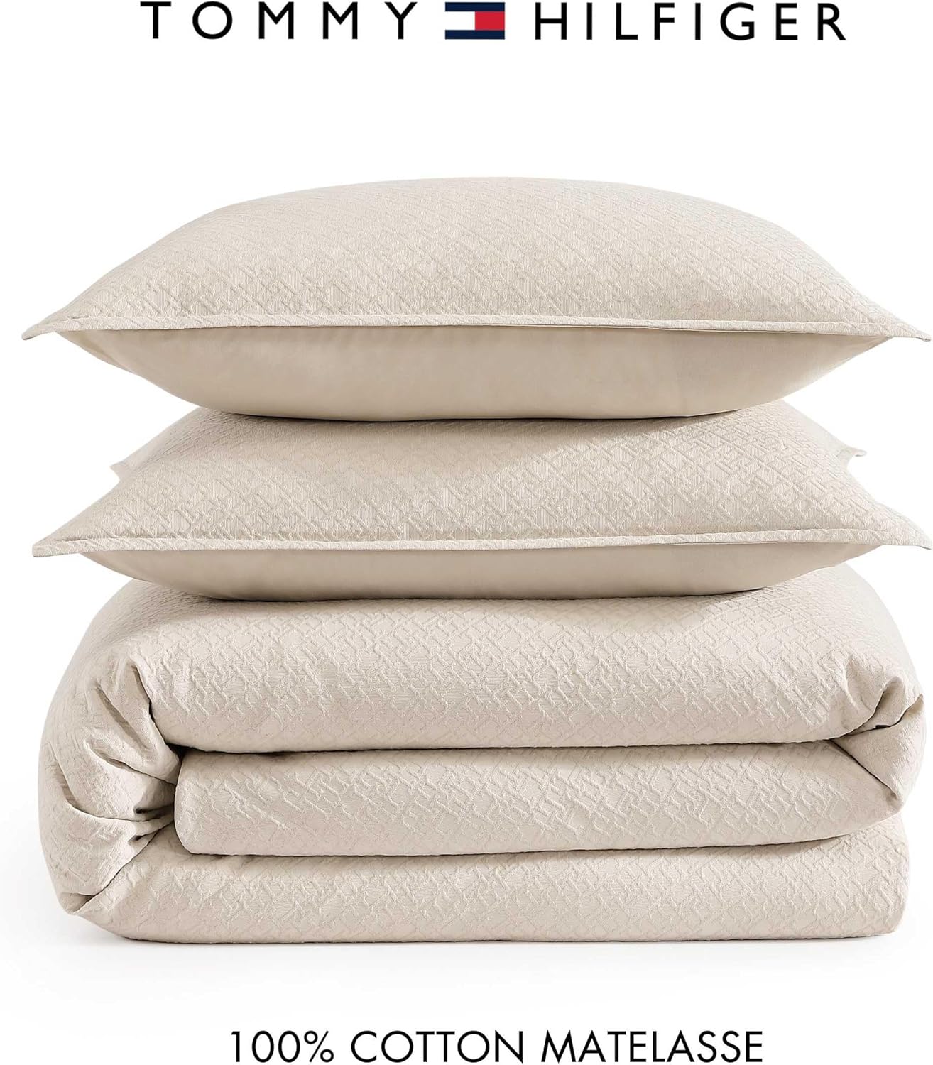 Tommy Hilfiger - King Comforter Set, Soft Textured Cotton Matelassé Bedding, Medium Weight for Year Round Comfort, 3 Piece Bed Set with Matching Pillowcases (Monogram Beige)