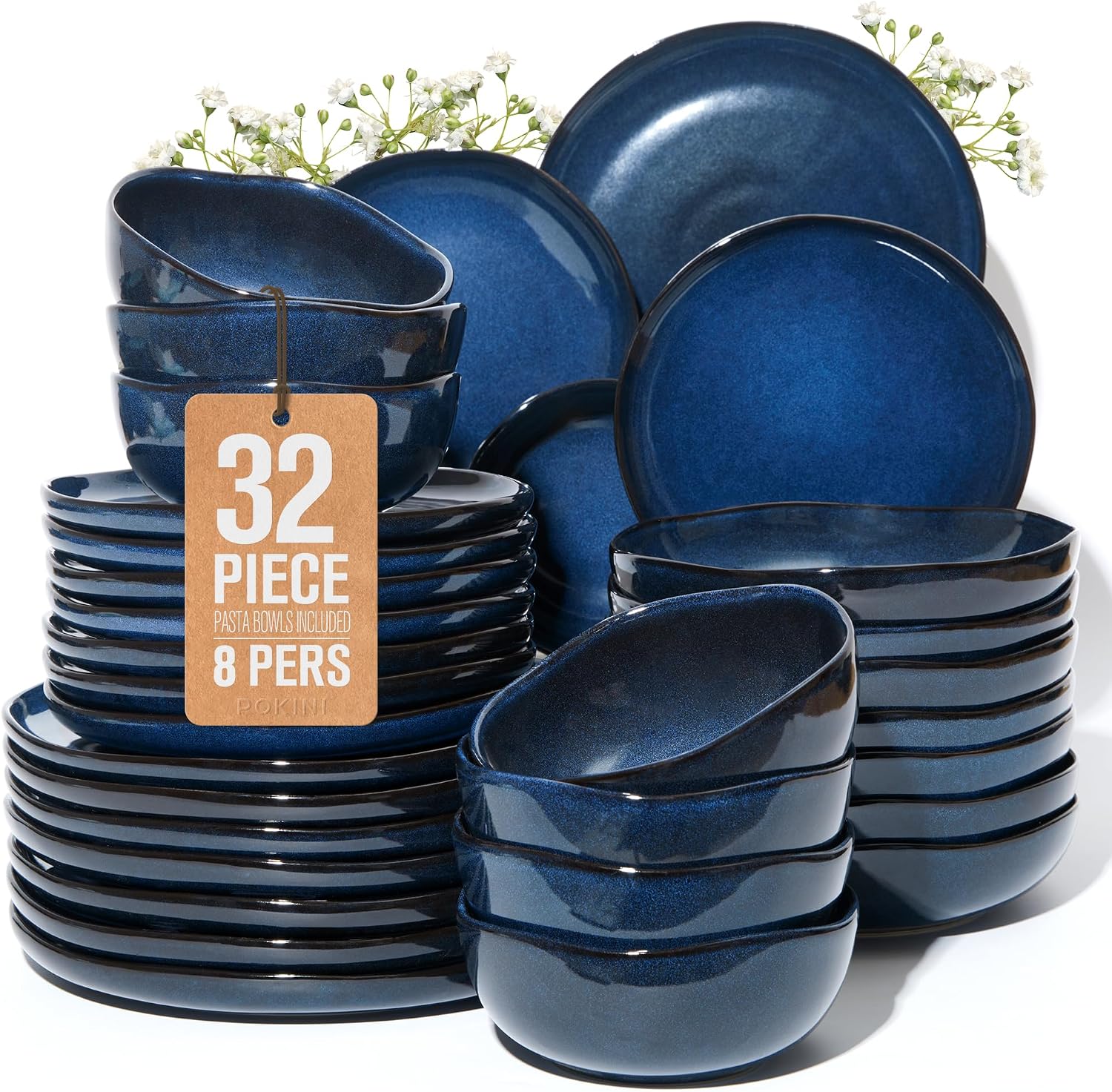 Pokini 32 Piece Starry Blue Dinnerware Set with Pasta Bowls, Coastal Reactive Glaze Stoneware for 8 | Complete Serving Set for Holiday Meals, Multi‑Dish Hosting & Family Celebrations