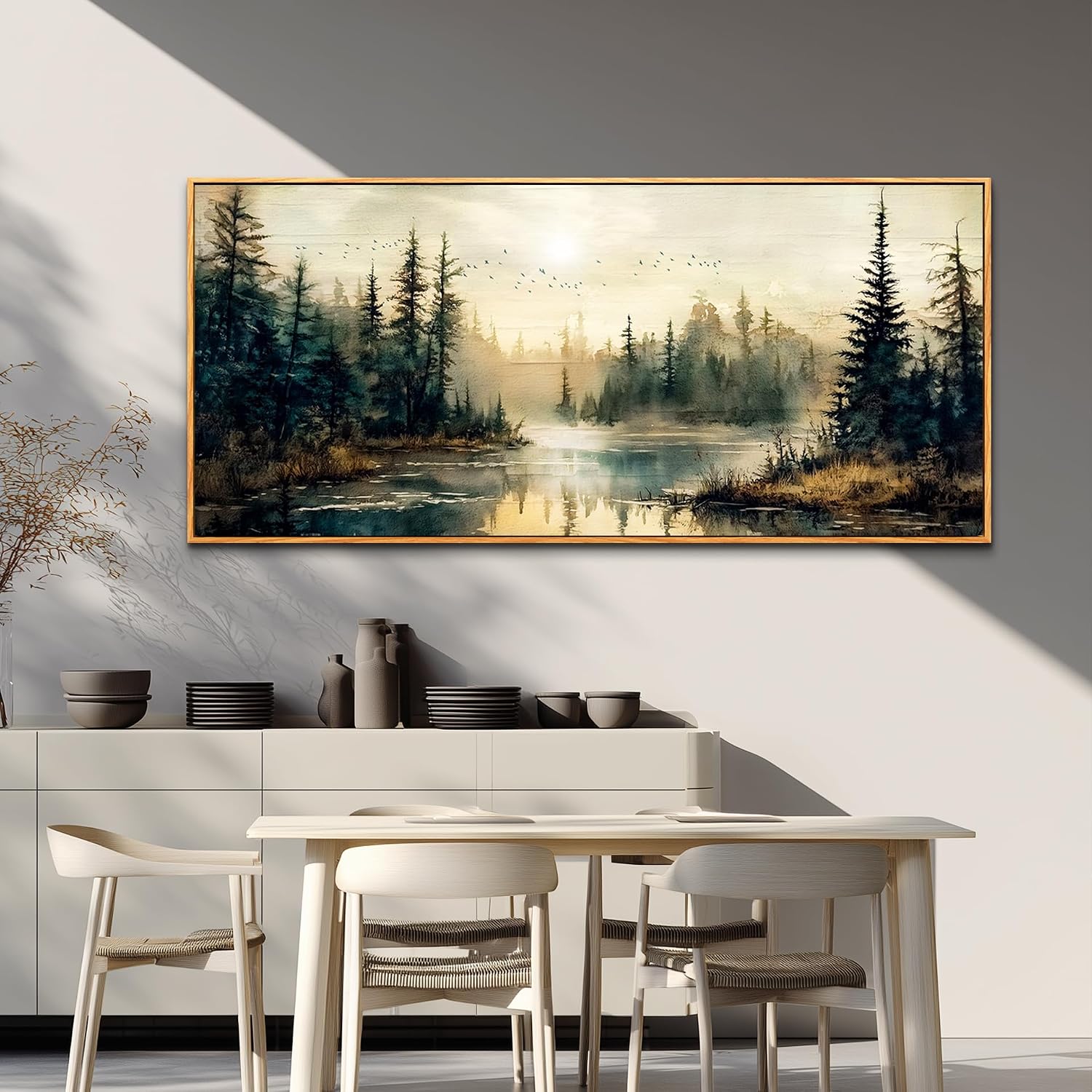 FUHAIHUA Wood Framed Large Wall Decor For Living Room Canvas Wall Art For Office Farmhouse Wall Decorations For Bedroom Forest River Landscape Paintings Modern Pictures Artwork Room Home Decor 32x72 In