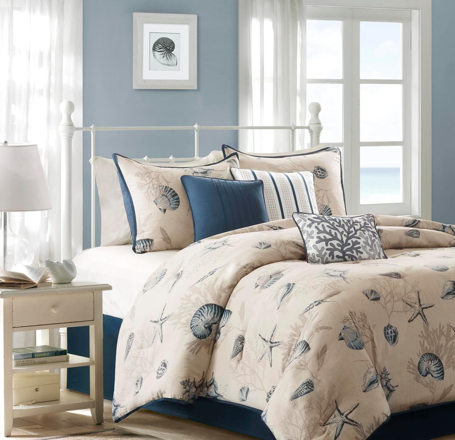 Madison Park 100% Cotton Comforter Set - Coastal Coral, Starfish Design All Season Down Alternative Cozy Bedding with Matching Shams, Decorative Pillow, King(104'x92'), Taupe 7 Piece