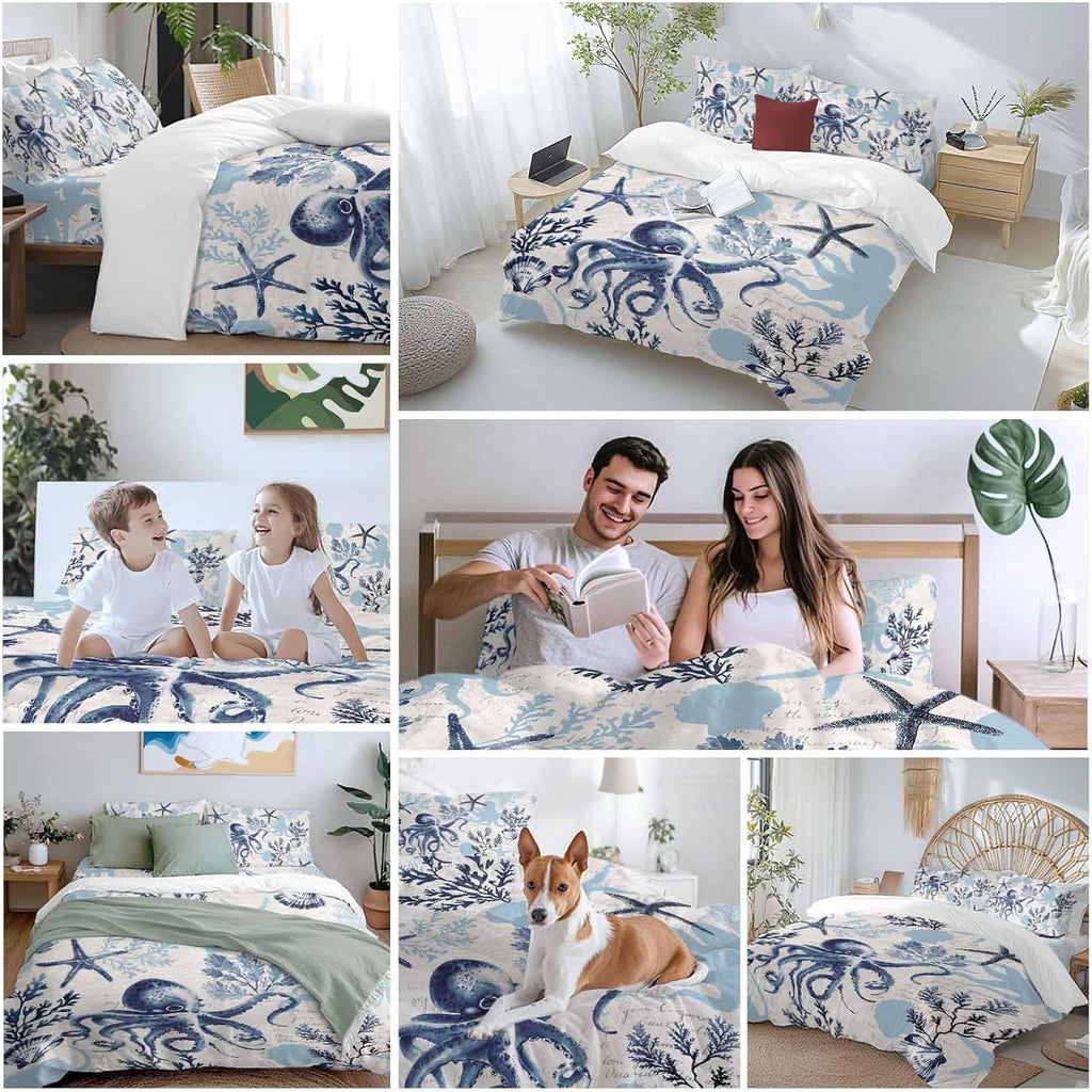 Summer Marine Life Duvet Cover Set Queen Size 4 Pieces Ocean Watercolor Octopus Starfish Coastal Vintage Bedding Set with Zipper Closure, 1 Comforter Cover 92x106 Inches 1 Flat Sheet & 2 Pillow Cases