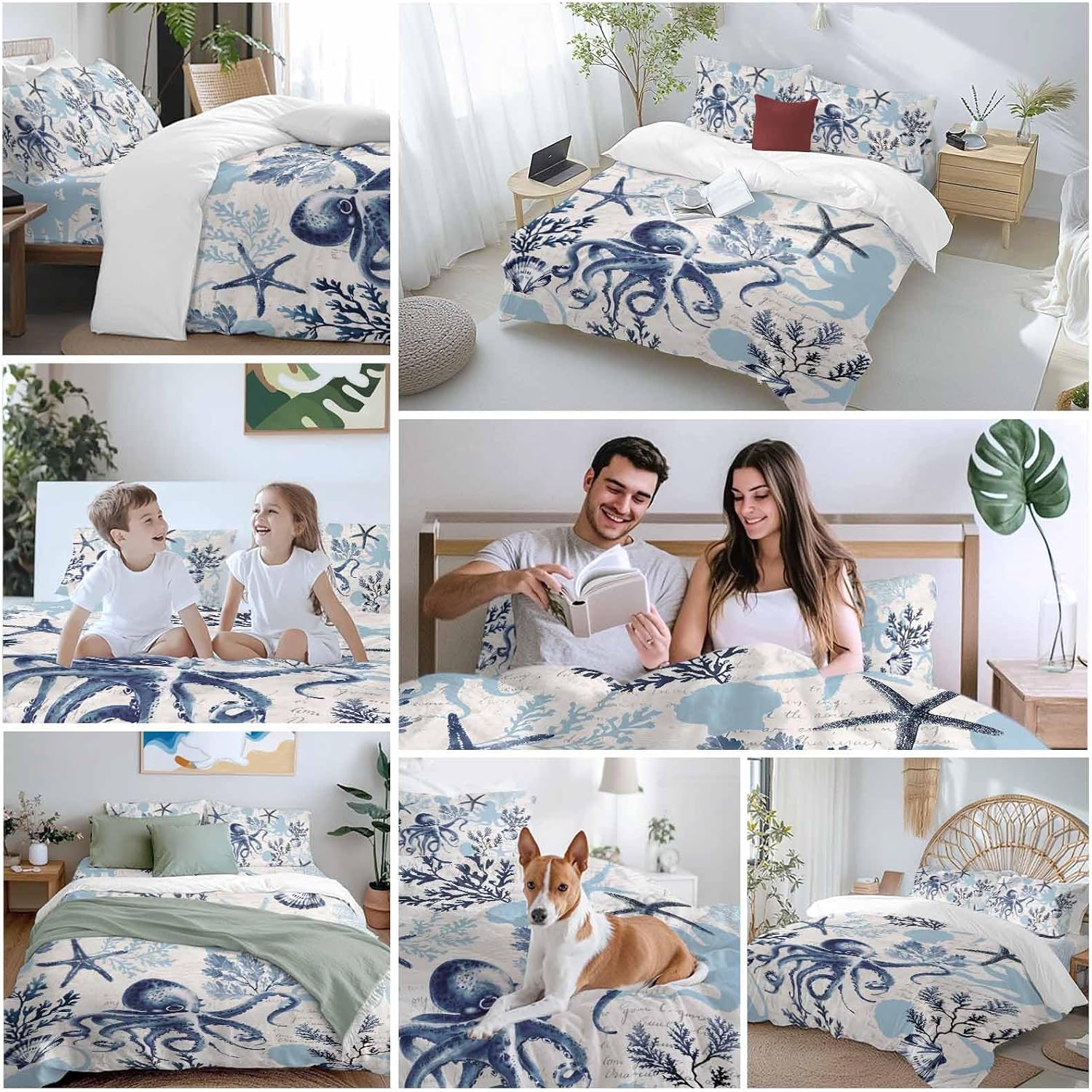 Summer Marine Life Duvet Cover Set Queen Size 4 Pieces Ocean Watercolor Octopus Starfish Coastal Vintage Bedding Set with Zipper Closure, 1 Comforter Cover 92x106 Inches 1 Flat Sheet & 2 Pillow Cases
