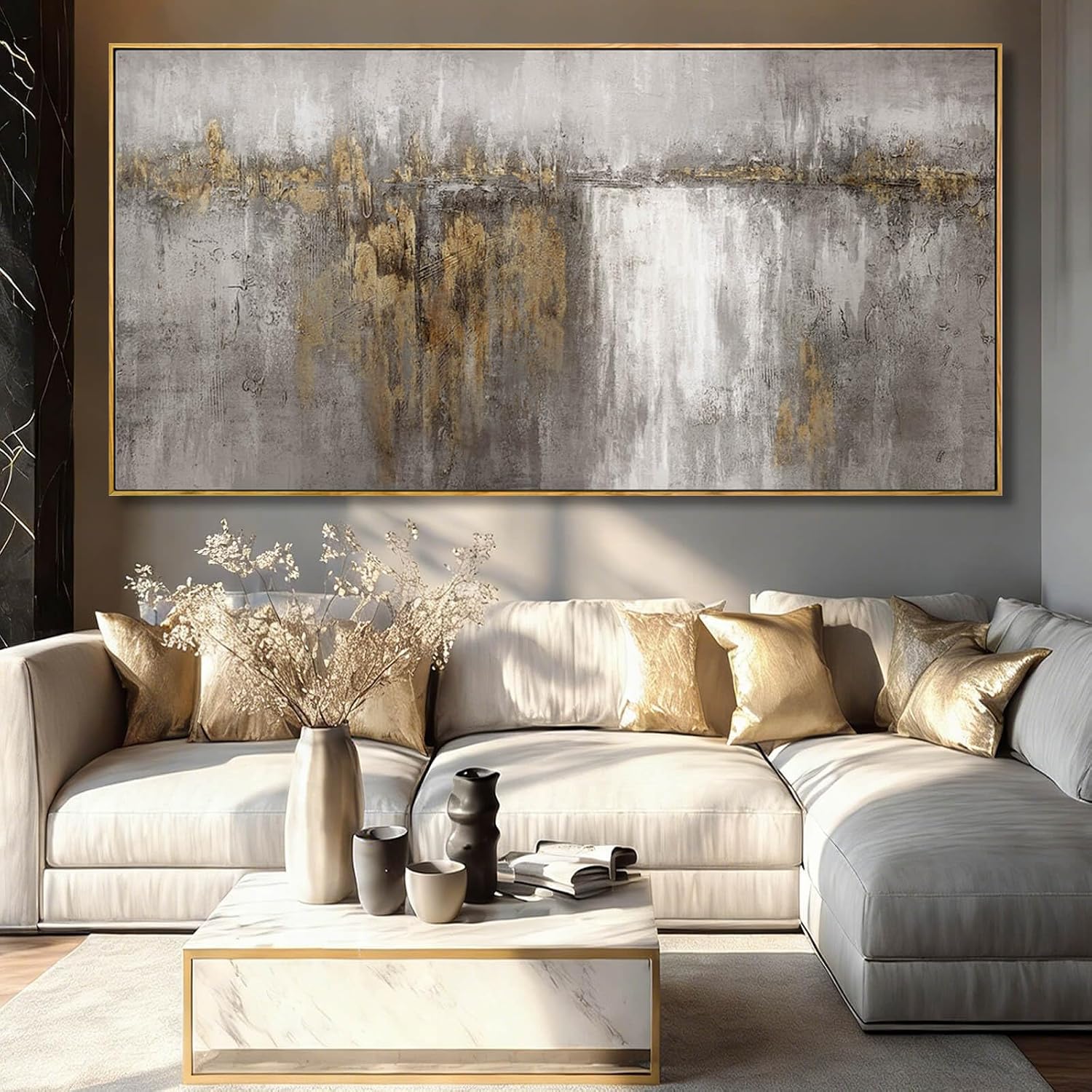 Abstract Hanging Art Grey and Gold Poster Print Neutral Decorative Pictures 36'x70' Poster for Bedroom Artwork for Office