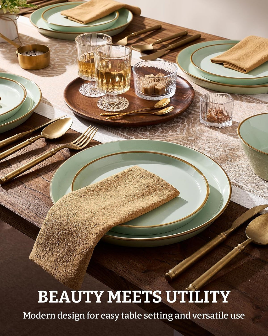 Famiware Saturn Plates and Bowls Dish Sets for 6 (18 Pieces), Stoneware Dinnerware Set with Hand-Painted Trim - Chip & Scratch Resistant, Microwave & Dishwasher Safe Ceramic Dishes, Light Green