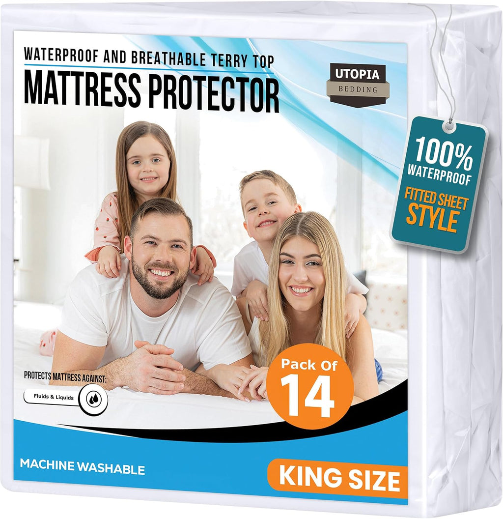 King Size Mattress Protector Waterproof 14 Pack, Premium 200 GSM Terry Mattress Cover, Soft & Breathable Bed Cover, Fitted Sheet Style Stretchable Deep Pockets 17' by Utopia Bedding (White)