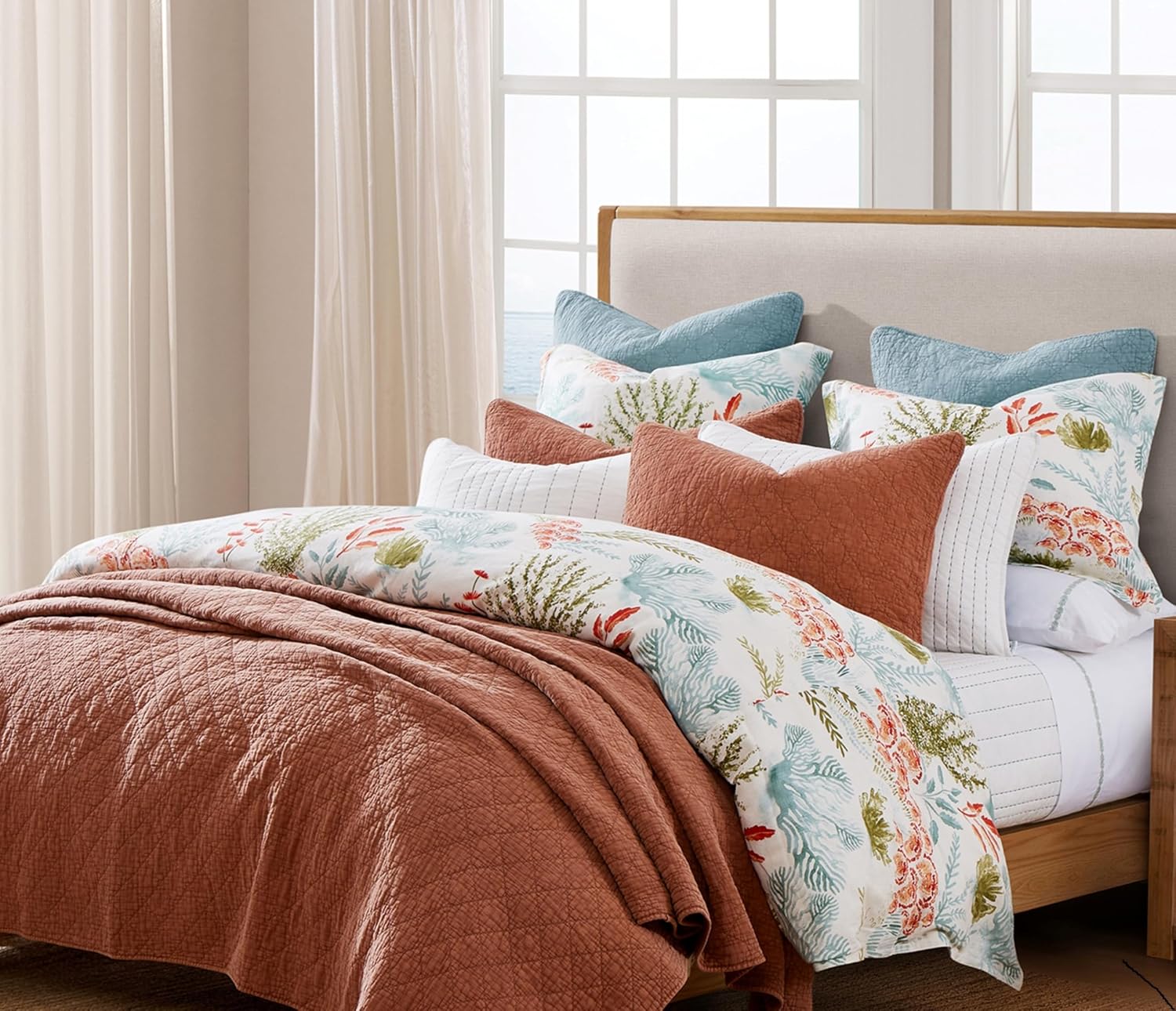 Hiend Accents Oceania Coastal Bedding 3 Piece Queen Comforter Set, Blue Green White Red Coral Print Linen Blend Bedding Set, Classic Chic Casual Bed Set, 1 Comforter and 2 Pillow Shams