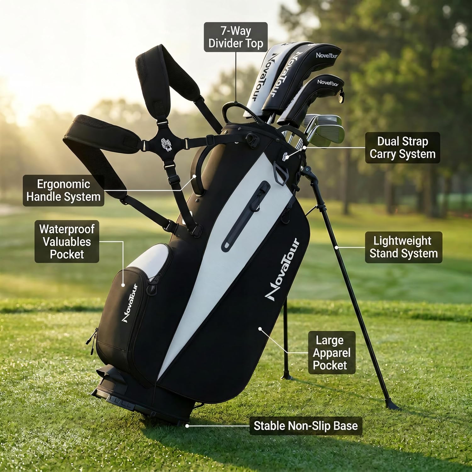 Golf Stand Bag - Lightweight Golf Bag with Stand and 7 Way Dividers, Dual Strap, Waterproof Pocket, Insulated Sleeve, Easy-Lift Handles and Swing-Cam Holder