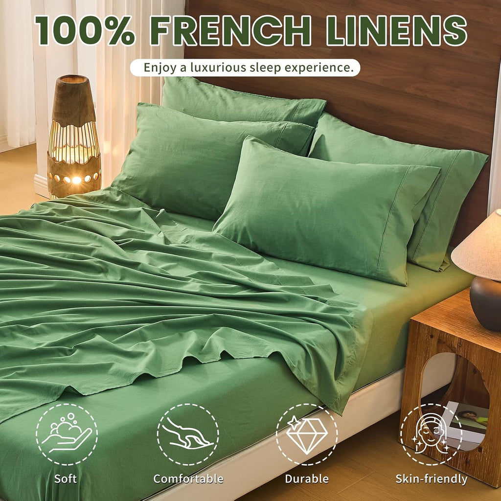 Bedlifes 100% French Pure Linen Sheets Queen Size Breathable and Cooling Flax Sheet Set Soft Durable and Moisture Wicking 16 Inch Deep Pocket-4 Piece(Queen,Sage Green)