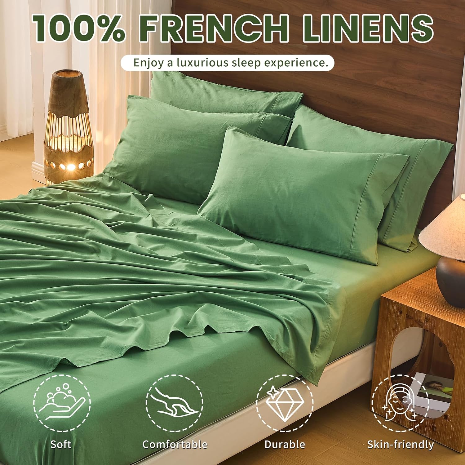 Bedlifes 100% French Pure Linen Sheets Queen Size Breathable and Cooling Flax Sheet Set Soft Durable and Moisture Wicking 16 Inch Deep Pocket-4 Piece(Queen,Sage Green)