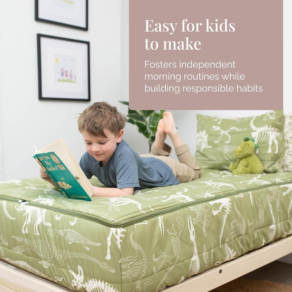 Beddy's Dinosaur T-Rex Durable Zipper Bedding for Kids - Green Sheets & Comforter with Dino Fossils - Includes 2 Pillowcases & 2 Shams - Easy to Make & Wash- Full