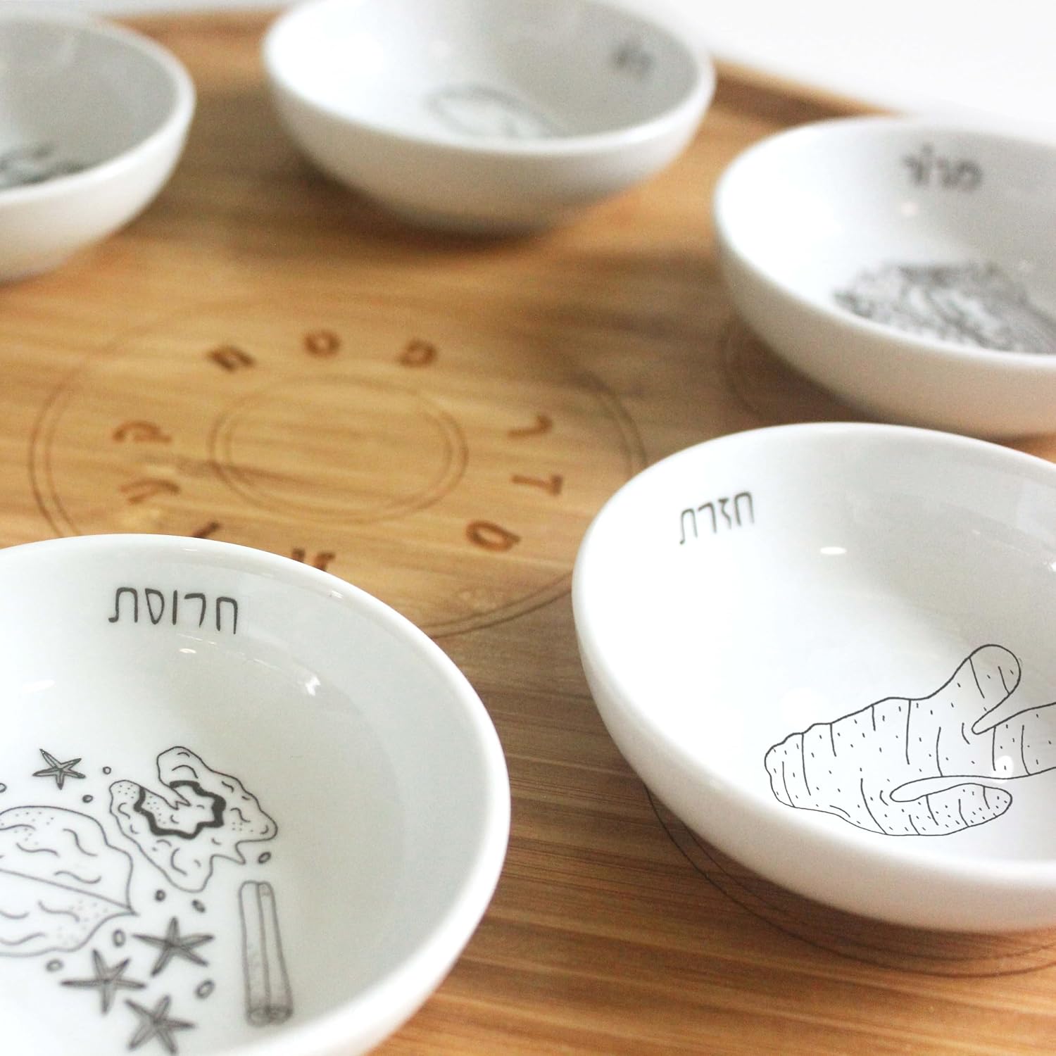 13' Large Size Handmade Passover Seder Plate with Six Black and White Ceramic Bowls, Passover Seder Plate Set, Hand Painted Illustrations, Decor Jewish Gift, Made in Israel by Mickala Design