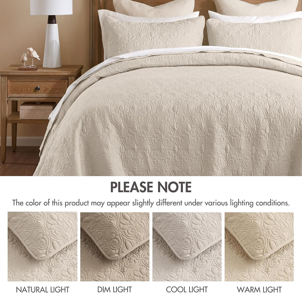Madison Park Quebec King Size Quilt Bedding Set - Cream , Damask – 3 Piece Bedding Quilt Coverlets – Ultra Soft Microfiber Bed Quilts Quilted Coverlet